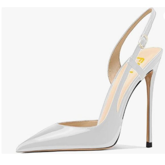 FSJ White Women\'s Pointed Toe D\'Orsay High Heel Slingback Pumps